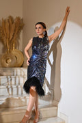 Midnight Black & Blue Sequin Cocktail Dress