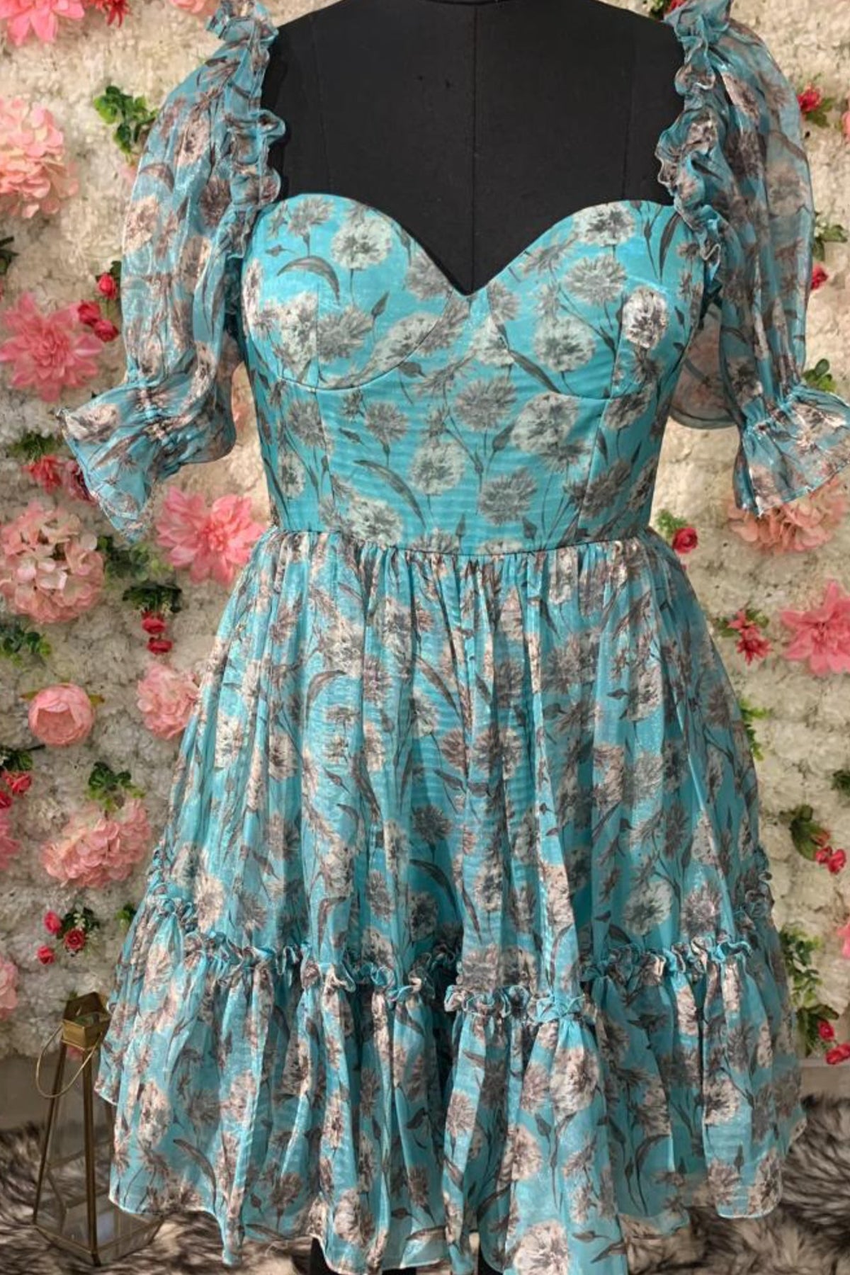 Aqua Blue Floral Organza Dress