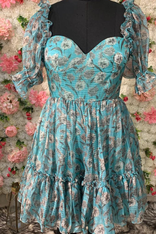 Aqua Blue Floral Organza Dress