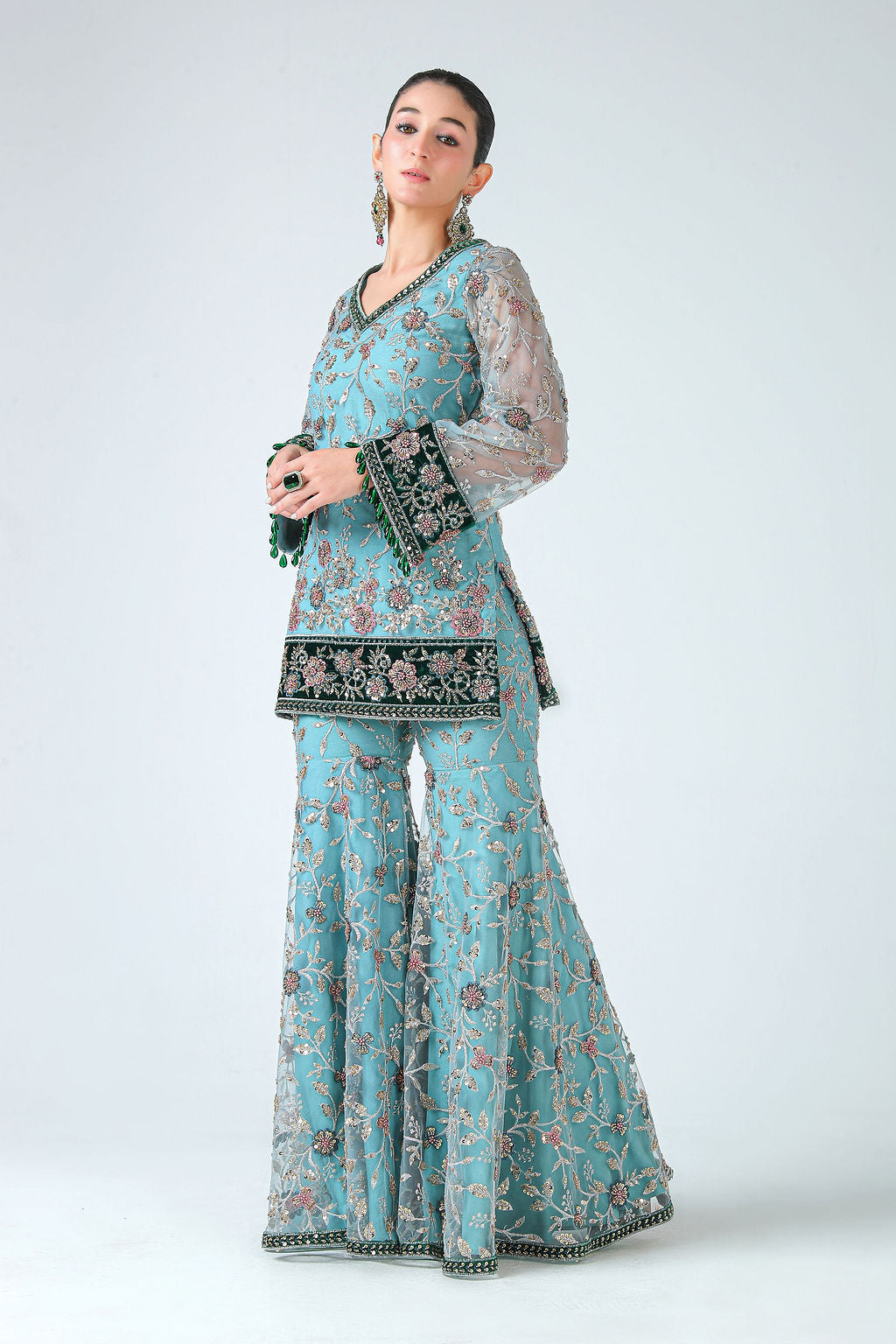 Short Kurti with Sharara and Net Dupatta