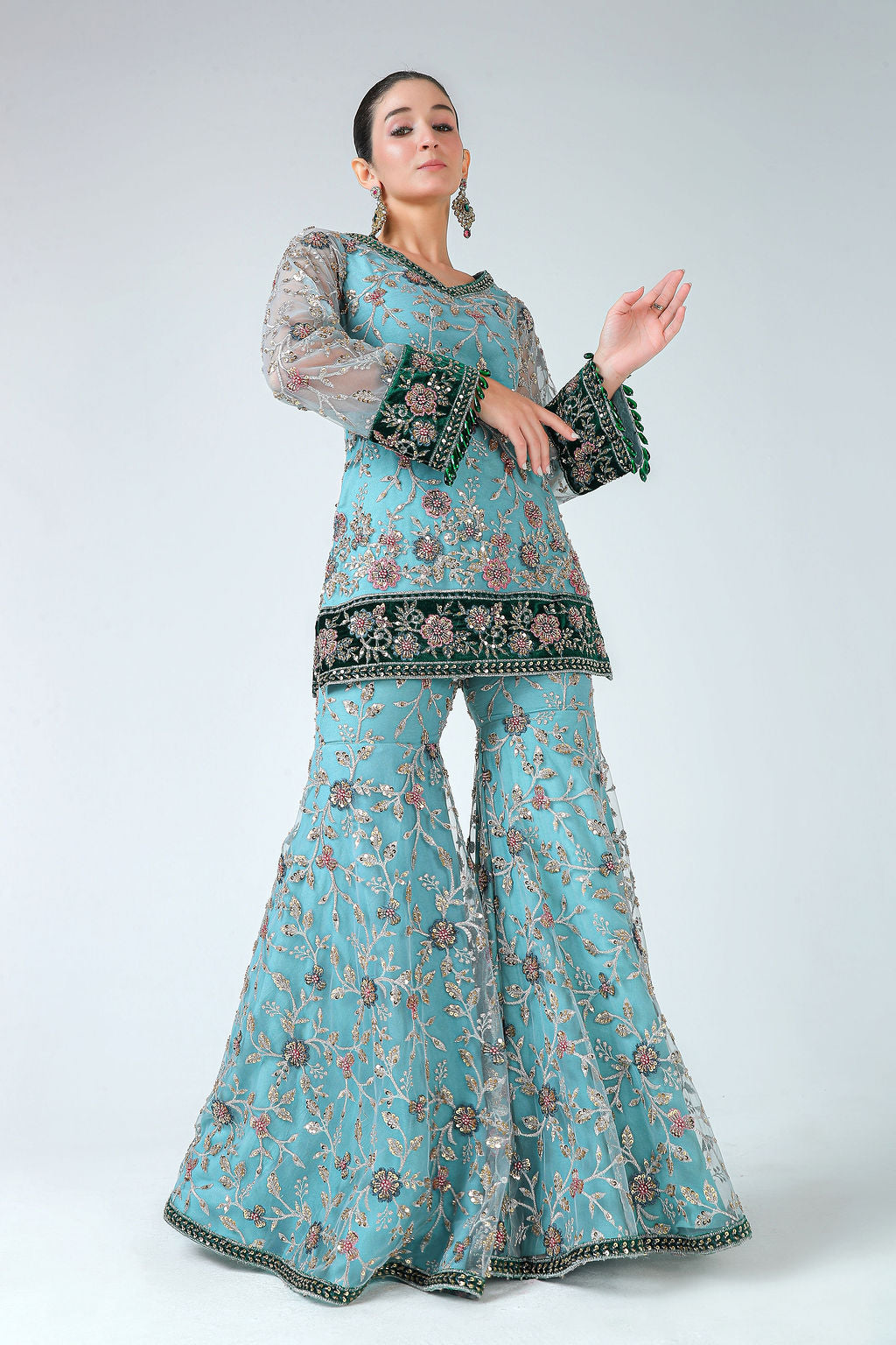 Short Kurti with Sharara and Net Dupatta