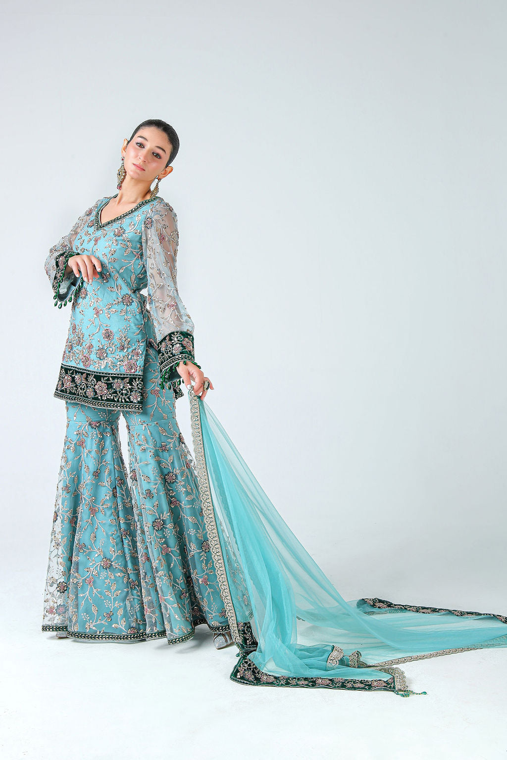 Short Kurti with Sharara and Net Dupatta