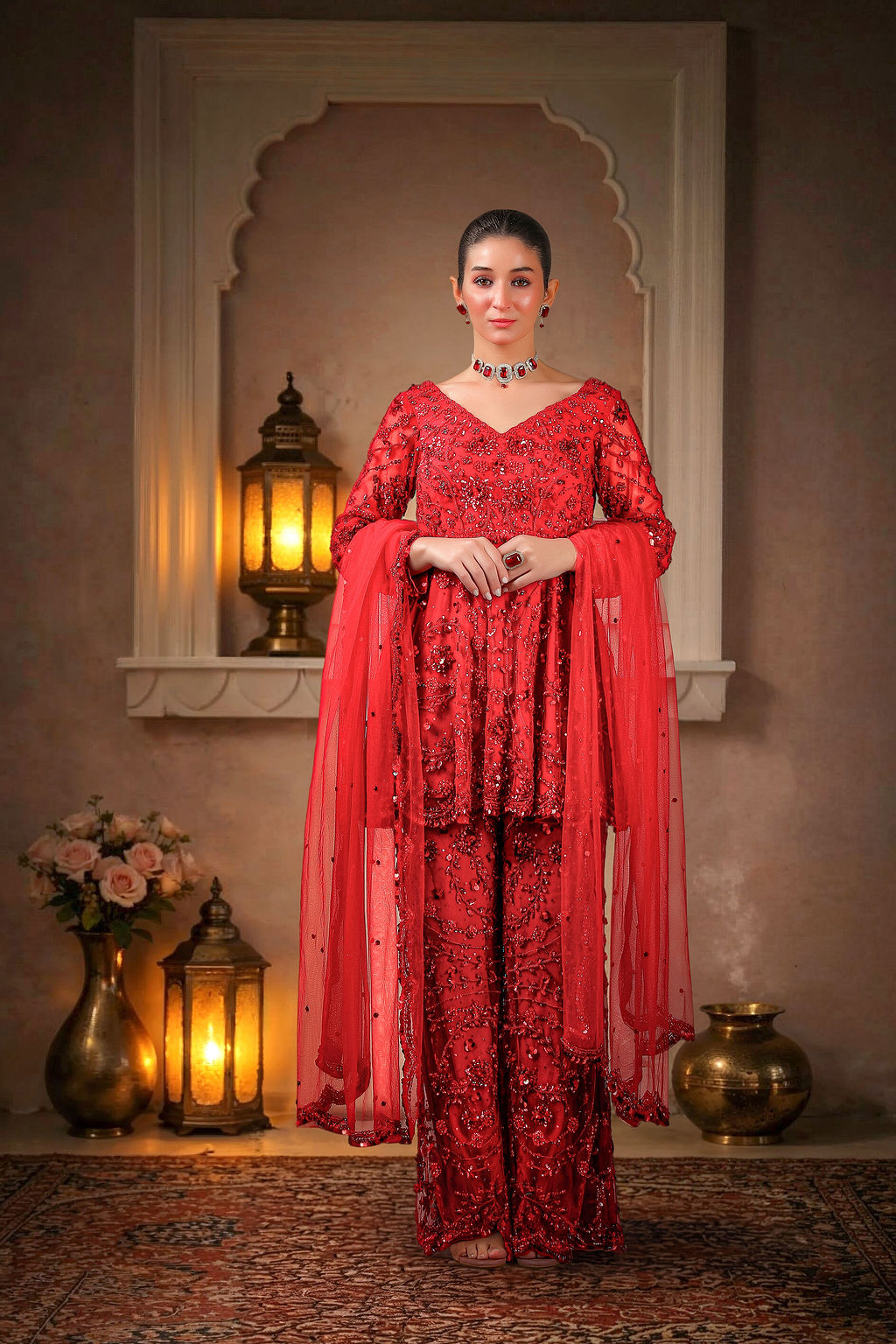 Peplum Top with Pant and Dupatta - red