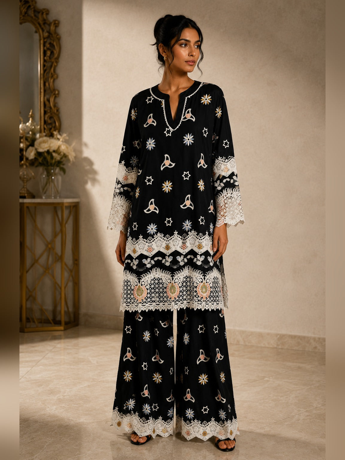 Black Cotton Kurta Set with Lace Detailing