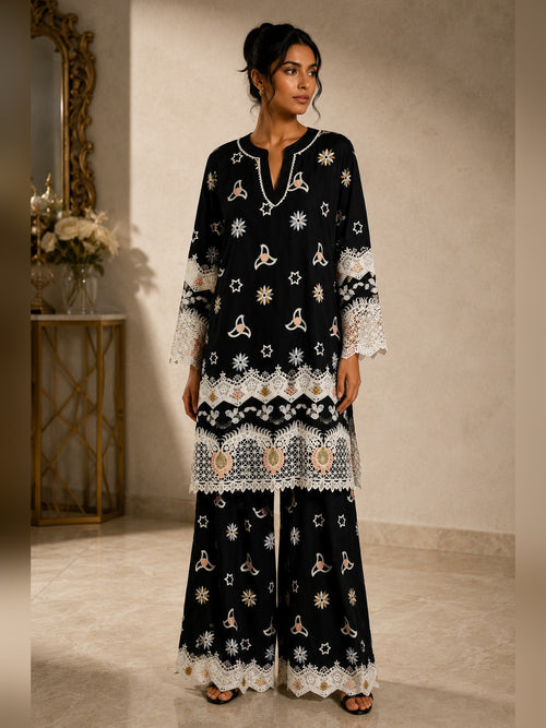 Black Cotton Kurta Set with Lace Detailing
