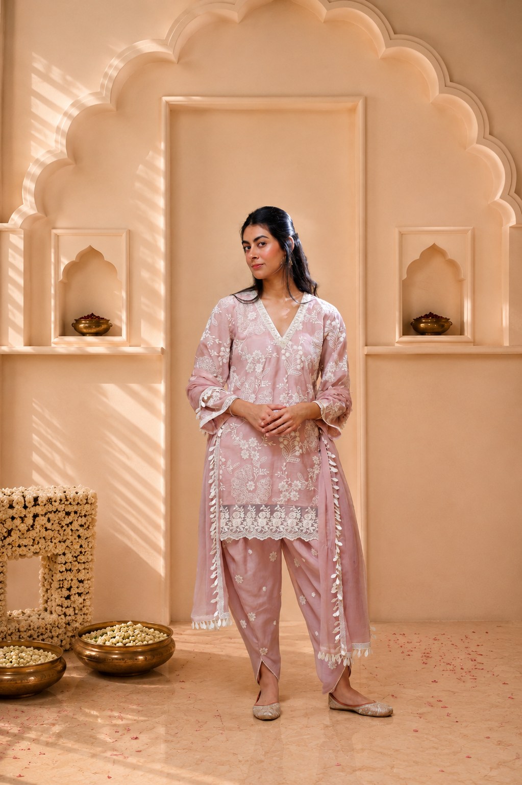 Blush Pink Mul Chanderi Kurta Set detail