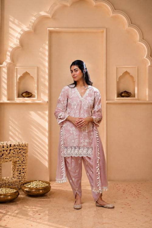 Blush Pink Mul Chanderi Kurta Set detail