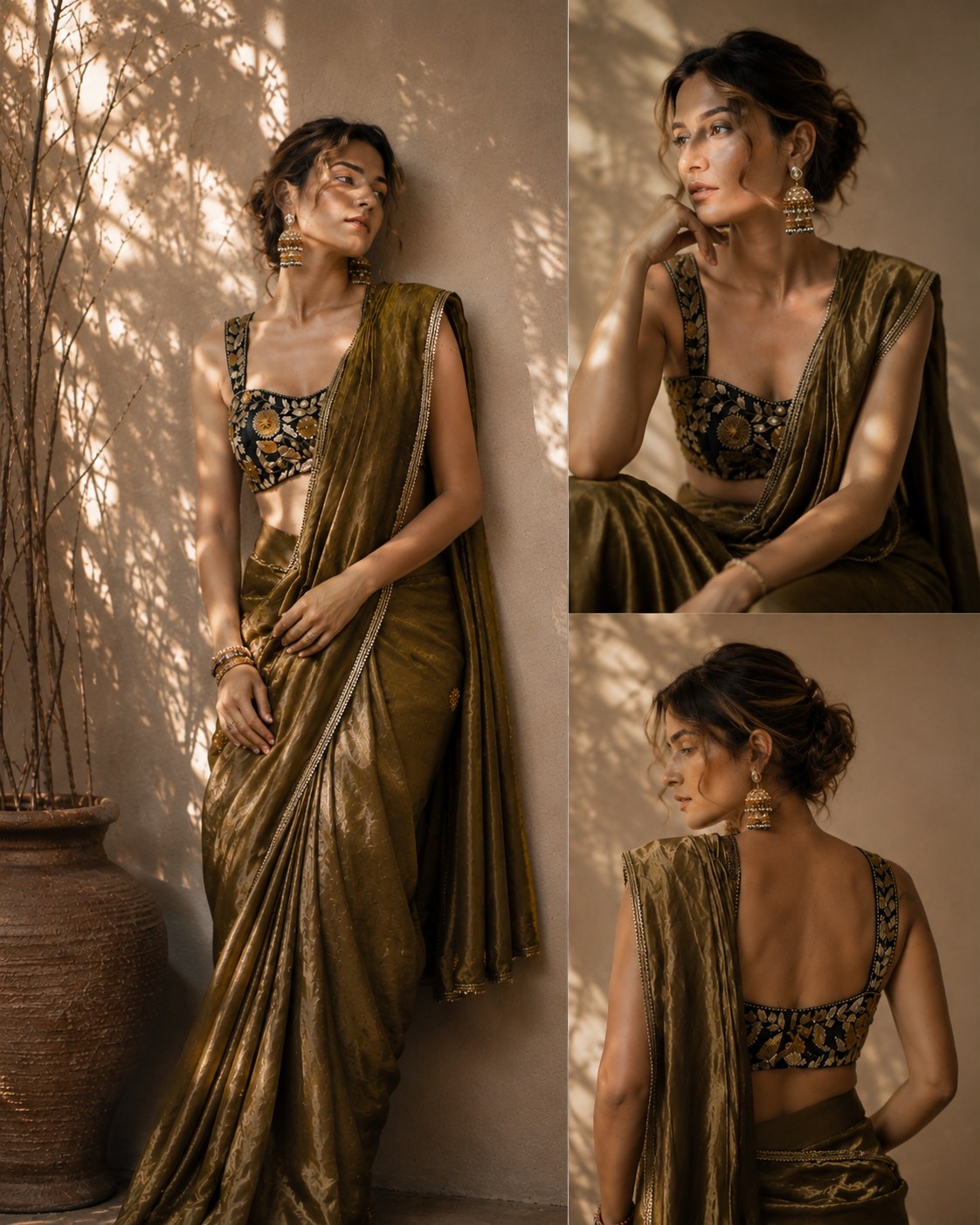 Olive Gold Draped Tissue Saree