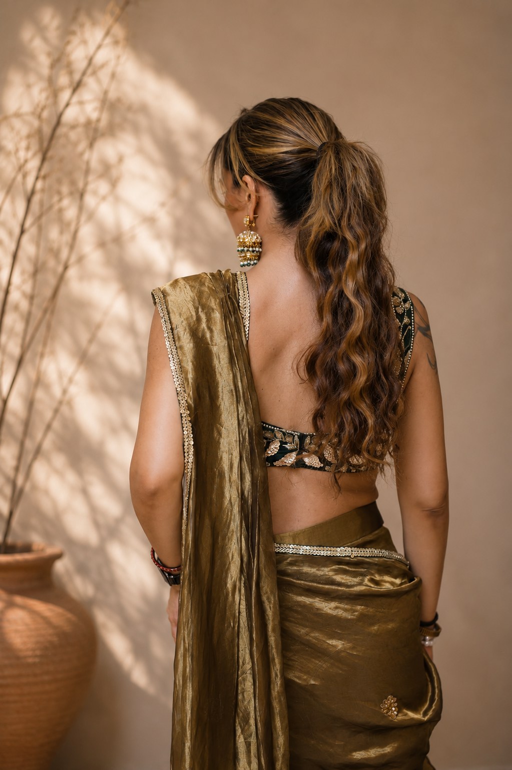 Olive Gold Draped Tissue Saree detail