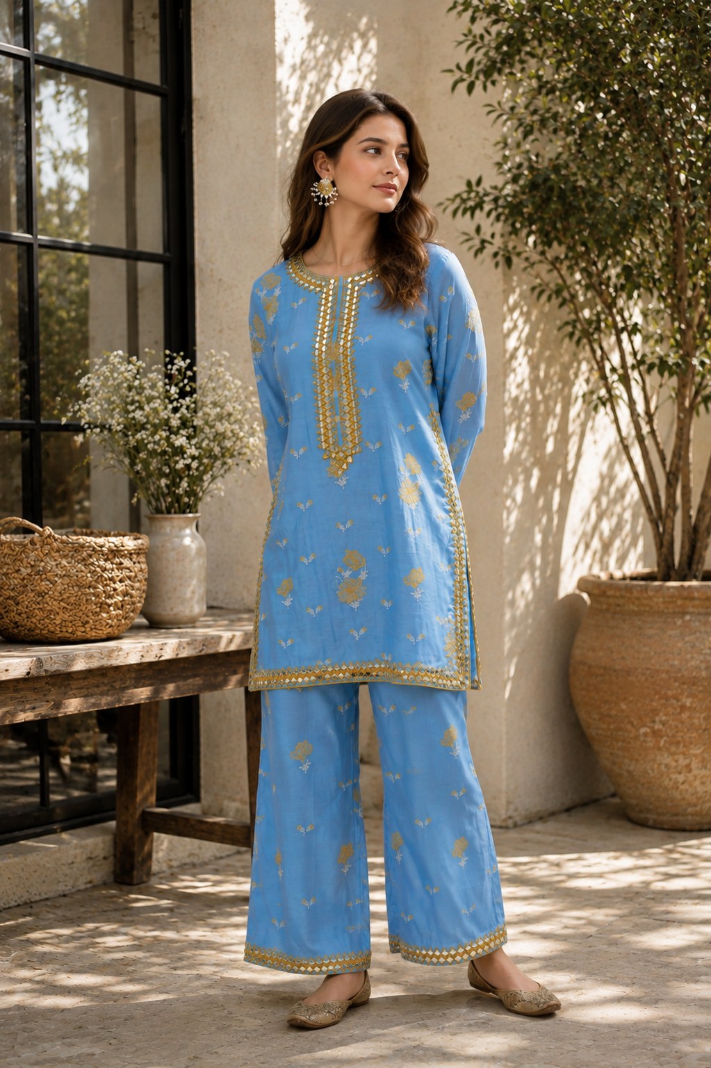 Powder Blue Mul Chanderi Kurta Set