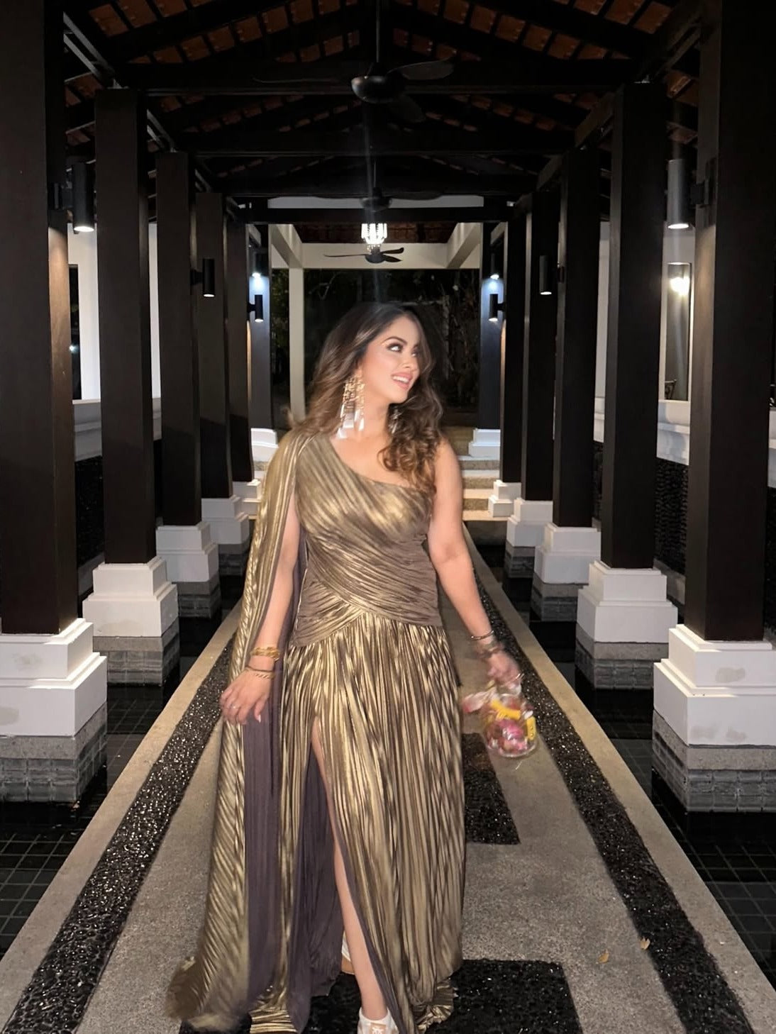 Zaria Pleated Metallic Gown